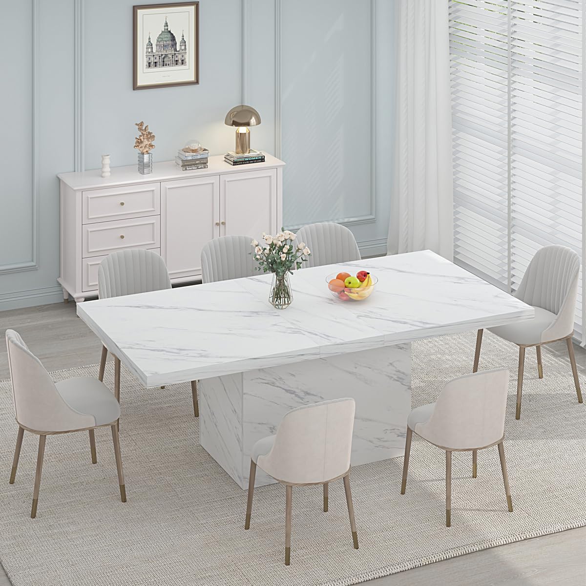 HSH 71” White Faux Marble Dining Table, Rectangle Modern Dinner Kitchen Table for 6-8, Farmhouse Long Kitchen Furniture for Living Room, Industrial Wood Dining Room Table with Sturdy Base