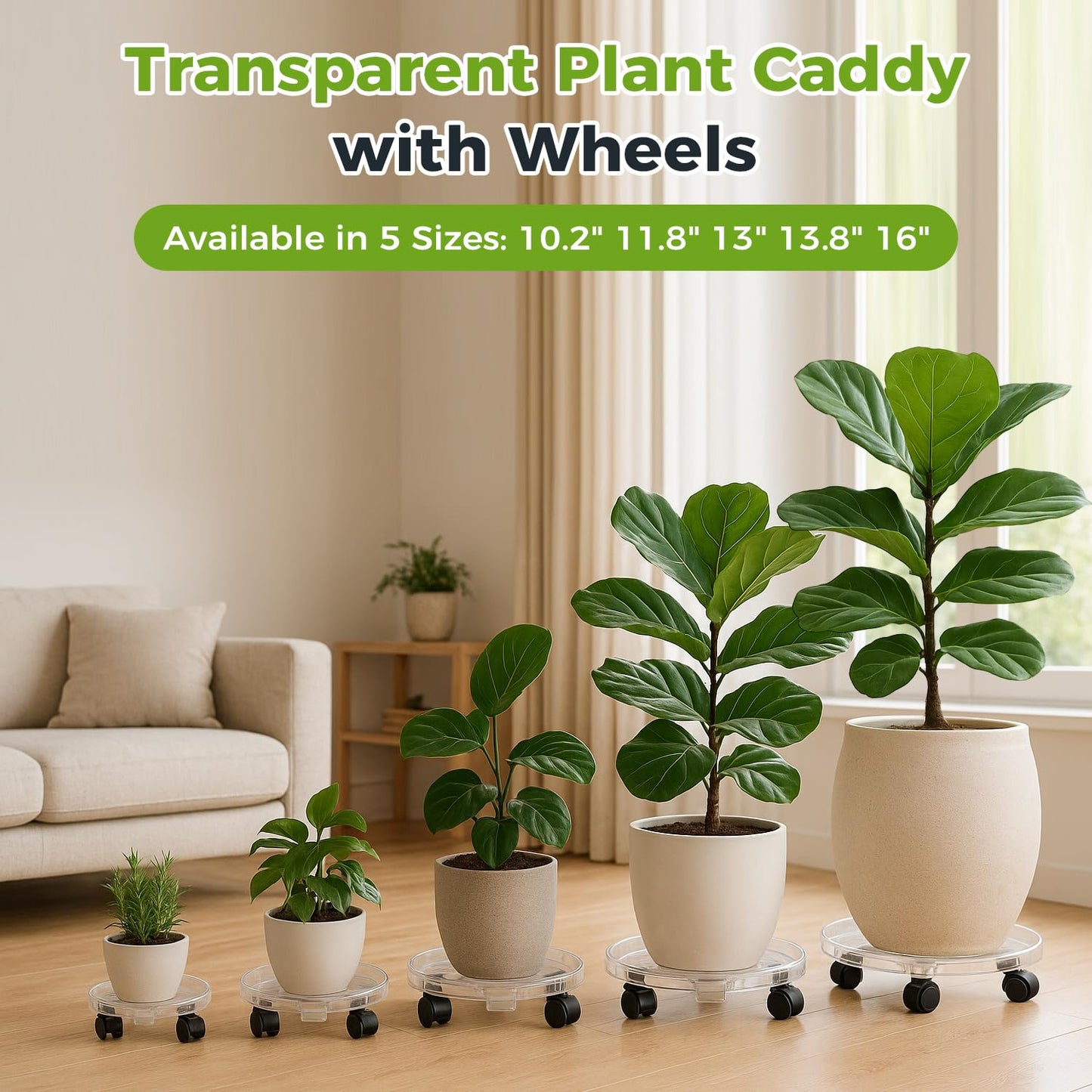 KvyusFlourish 4 Packs 18 inches Extra-large Clear Plant Caddy Plant Saucers on Wheels Rolling Plant Stands Heavy-duty Plant Dolly Plastic Planter Roller Base Pot Movers Outdoor Plant Tray Coaster