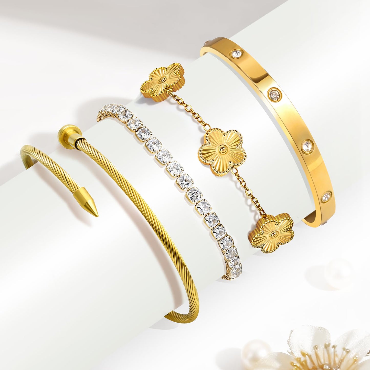 MOINSPIRE 18K Gold Plated Bracelets for Women, Stainless Steel Four Leaf Clover Tennis Nail Love Bangle Bracelets Set, Trendy Stackable Twist Cuff Bracelet Non Tarnish Jewelry Gifts for Christmas