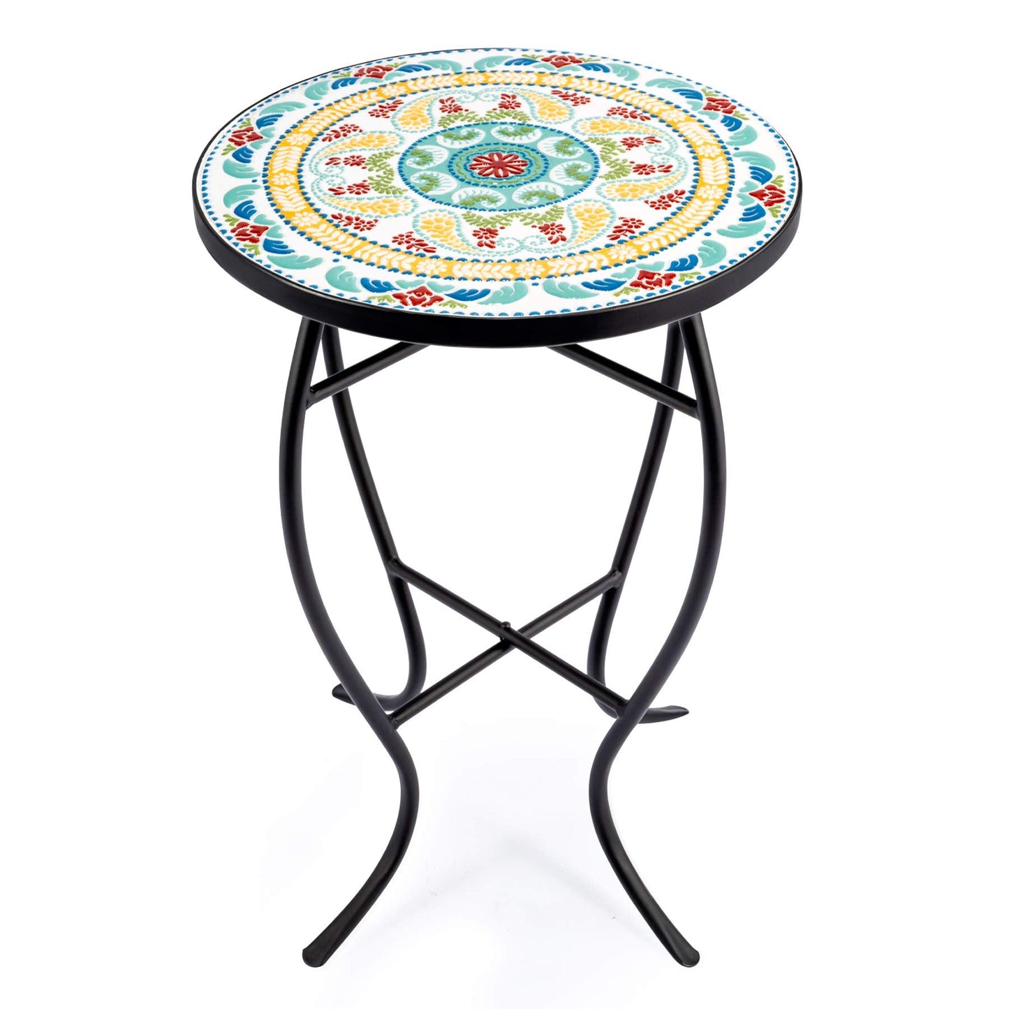 VONLUCE 21" Mosaic Plant Stand, 14 Inch Round Side Table with Ceramic Tile Top, Indoor and Outdoor Accent Table, Outdoor Patio Furniture, End Table for Garden Patio Living Room More, Floral