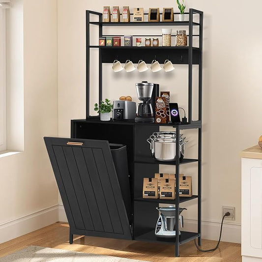 Kitchen Bakers Rack with Power Outlets, Microwave Oven Organizer with Tilt Out Trash Can Cabinet Storage Shelf 6 Tiers Coffee Bar Station Stand, Freestanding Rack with 6 Hooks for Sink Bathroom