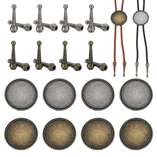 AHANDMAKER 2 Colors Bolo Tie Making Kits, 16pcs 1.28Inch Long Alloy Bolo Tie Tips Replacement End Caps, 8pcs Bolo Tie Slide Clasp Cabochon Settings, Bolo Necklace Replacement Kit for Bolo Tie Making