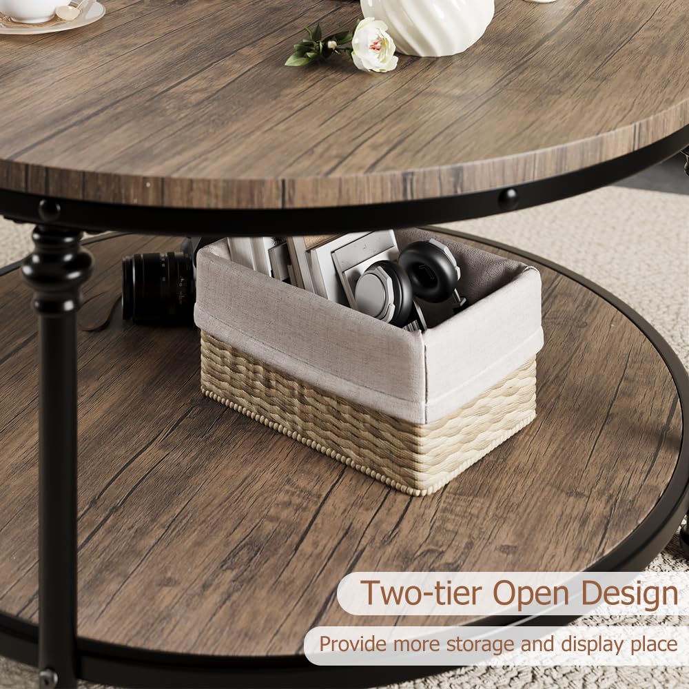IDEALHOUSE Round Coffee Table for Living Room Rustic Center Table with Storage Shelf Wood Circle Coffee Table with Sturdy Metal Legs, Easy Assembly