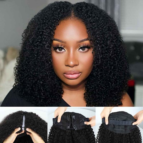Domiso V Part Human Hair Wig Afro Kinky Curly V Part Wig No Glue No Sew Clip in Half Wig No Leave Out Elastic Band and Removable Clips for Secure Beginner Wig 18 Inch