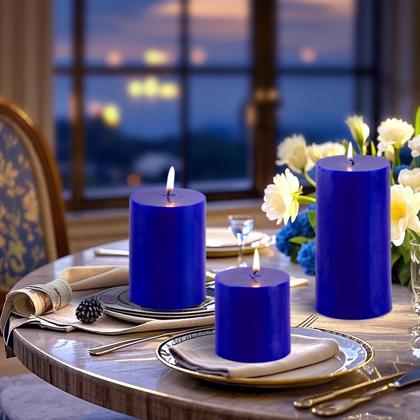 KONNI Classic Blue Pillar Candles Set of 3, 3"x 4" Unscented Pillar Candles Bulk, 42 Hours Long Burning Candles, Smokeless&Dripless Large Round Candle for Wedding, Home Decoration, Parties, Spas