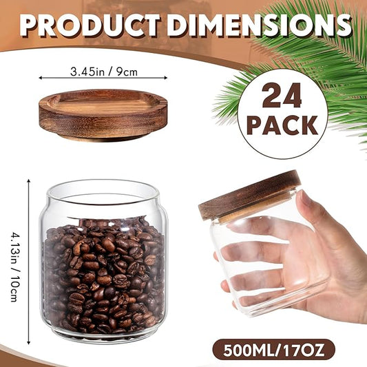 Irenare 24 Pack Glass Containers Canister Set, 17 oz Food Storage Spice Jars with Airtight Lids, Clear Kitchen Containers for Coffee Sugar Tea Beans Nuts Candy Pantry Organization (Wood)
