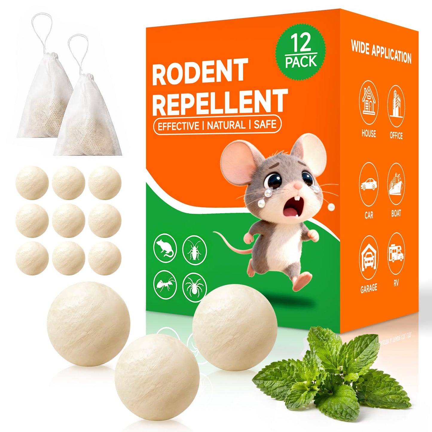 Mouse Rodent Repellent, 12 Pack Peppermint Oil Repellent Balls for Mouse Rats Squirrel Spider Roach Ant Pest Control Indoor & Outdoor, Natural Moth Balls for Rodent Control for Garden & Home