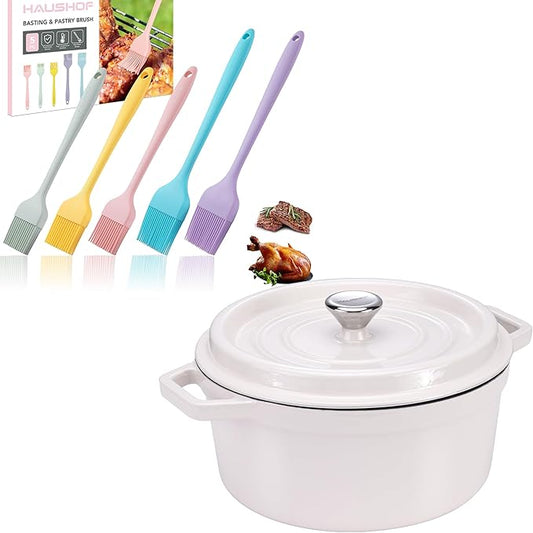 HAUSHOF Silicone Basting Pastry Brush, Heat Resistant Pastry Brush Set HAUSHOF 5.3QT Enameled Cast Iron Dutch Oven with Lid, Non-Stick Pot for Baking, Stewing, Rosting, White
