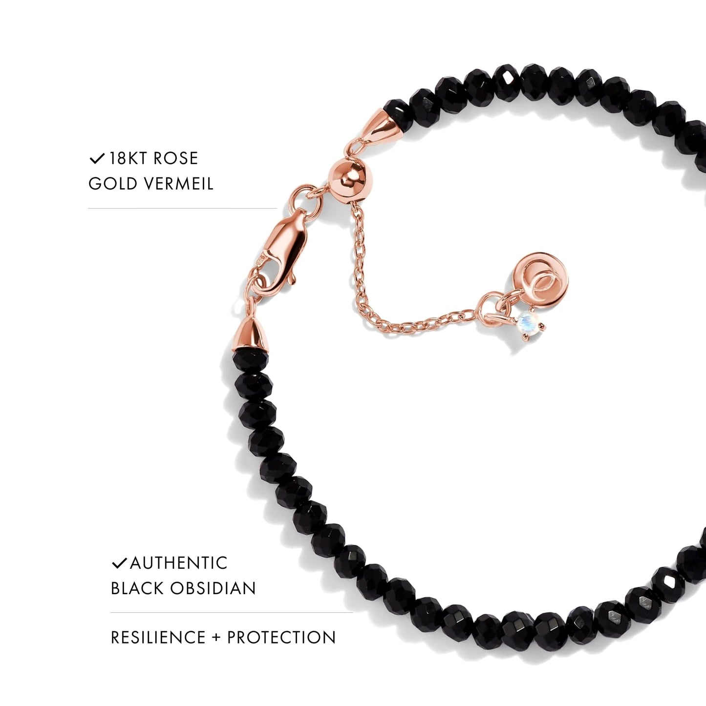 Moon Magic Moonstone Bracelet for Women | Black Obsidian, Rose Quartz Bracelet/Real 925 Sterling Silver | 18k Rose & Yellow Gold Rainbow Genuine Moonstone Jewelry for women | June Birthstone Bracelet
