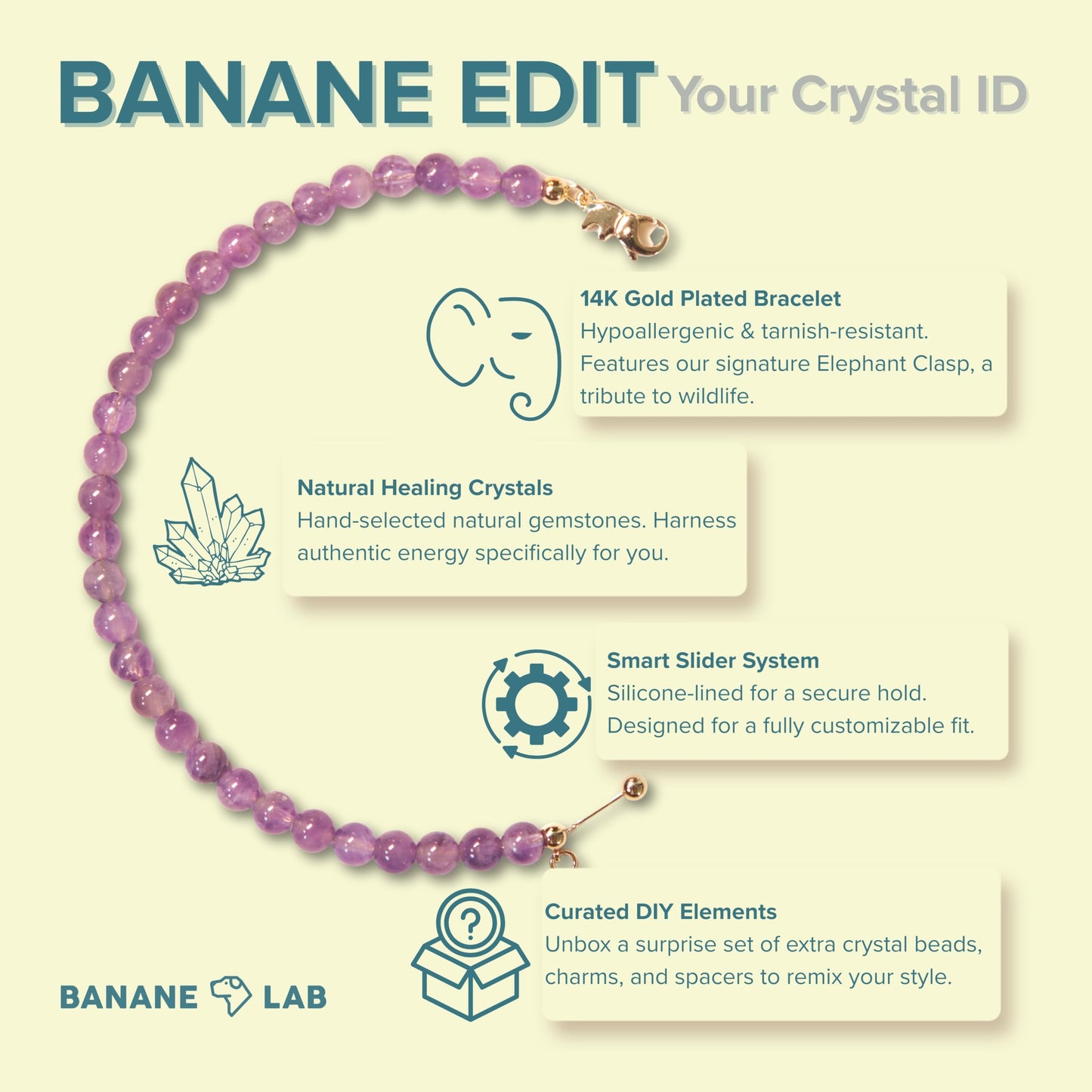 BANANE LAB Amethyst Bracelet | DIY Customizable Design | Natural 6mm Purple Gemstone Beads on 14k Gold Plated Chain | Adjustable Crown Chakra Peace & Calm Jewelry Gift for Women