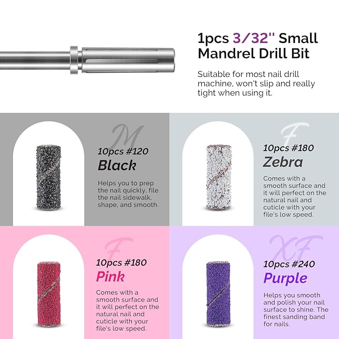 MelodySusie Nail Drill Bits, 10Pcs Diamond Sanding Bit Set with 40pcs Small Sanding Bands (#120#180#240 Grits) with 3.1mm Mandrel Bit, Nail Gel Polish Remover Tool for Acrylic Nails Manicure Nail Prep