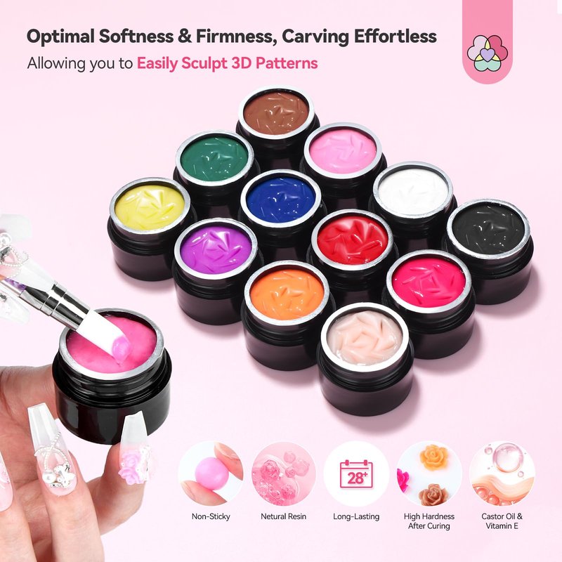 SAVILAND 3D Nail Gel Set: 12 Colors Non-Sticky Soak Off 3D Sculpting Gel for Nail Art Painting Drawing Hand Carving Molding with Sculpture Pen for 3D Nail Art Design Home Salon Manicure DIY