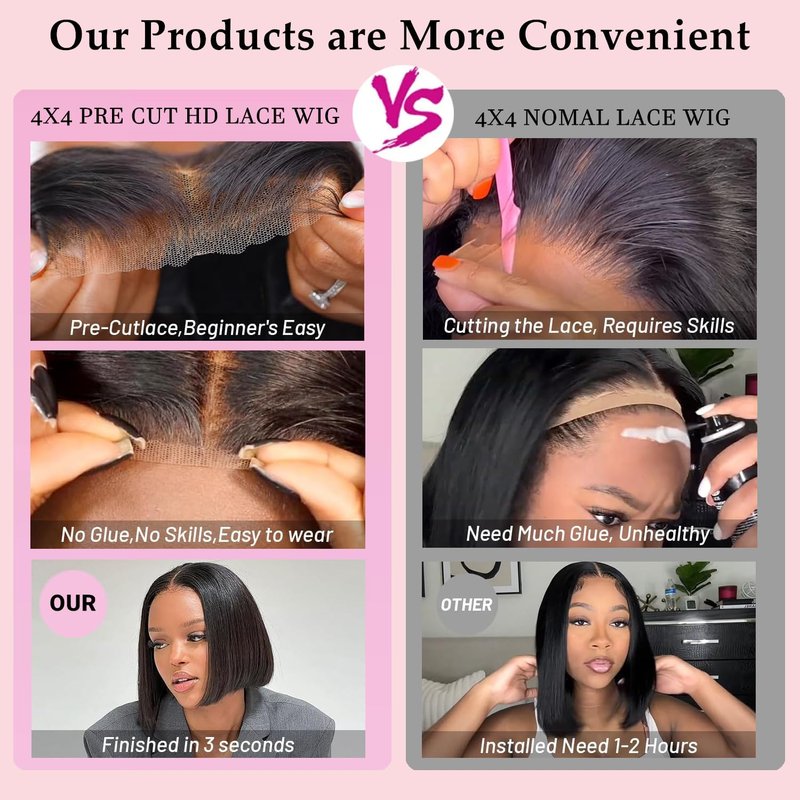 SJXAL Short Bob Wig Human Hair Straight 8 inch Wear to Go 4x4 Lace Closure Bob Wigs Human Hair for Black Women Pre Plucked and Pre Cut Short Straight Bob Wig Human Hair No Glue Natural Black