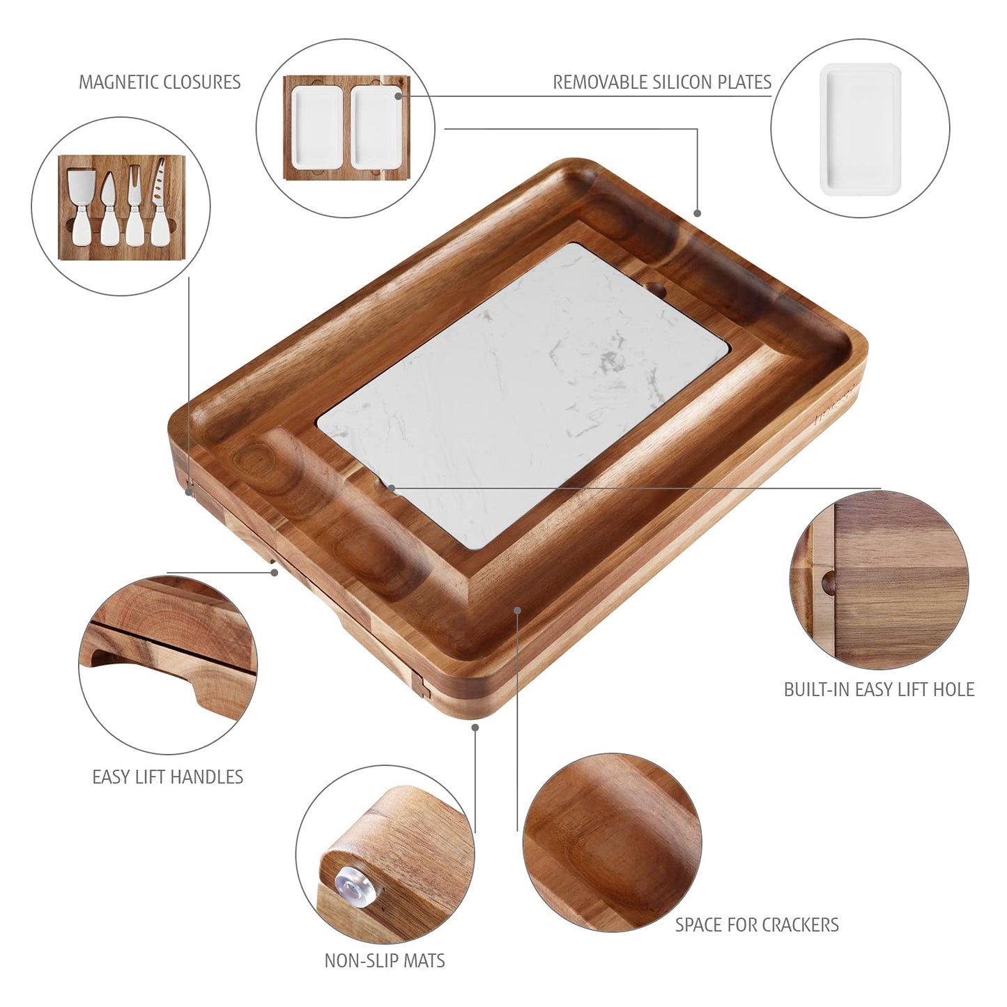 hecef Cheese Board Set Acacia Wood - Large Charcuterie Board with Stainless Steel Knife Set, Thick Wooden Server - Fancy House Warming, Birthday Choice for Gourmets, Feast, Cheese Serving