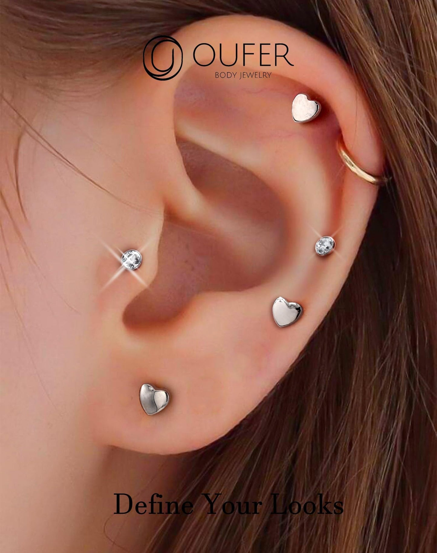 OUFER 2Pcs Conch Earring, 16G G23 Solid Titanium Threadless Stud Earrings Flat Back Heart Shaped Tiny CZ 3MM Silver Helix Cartilage Conch Lobe Piercing Jewelry for Women Men-12MM