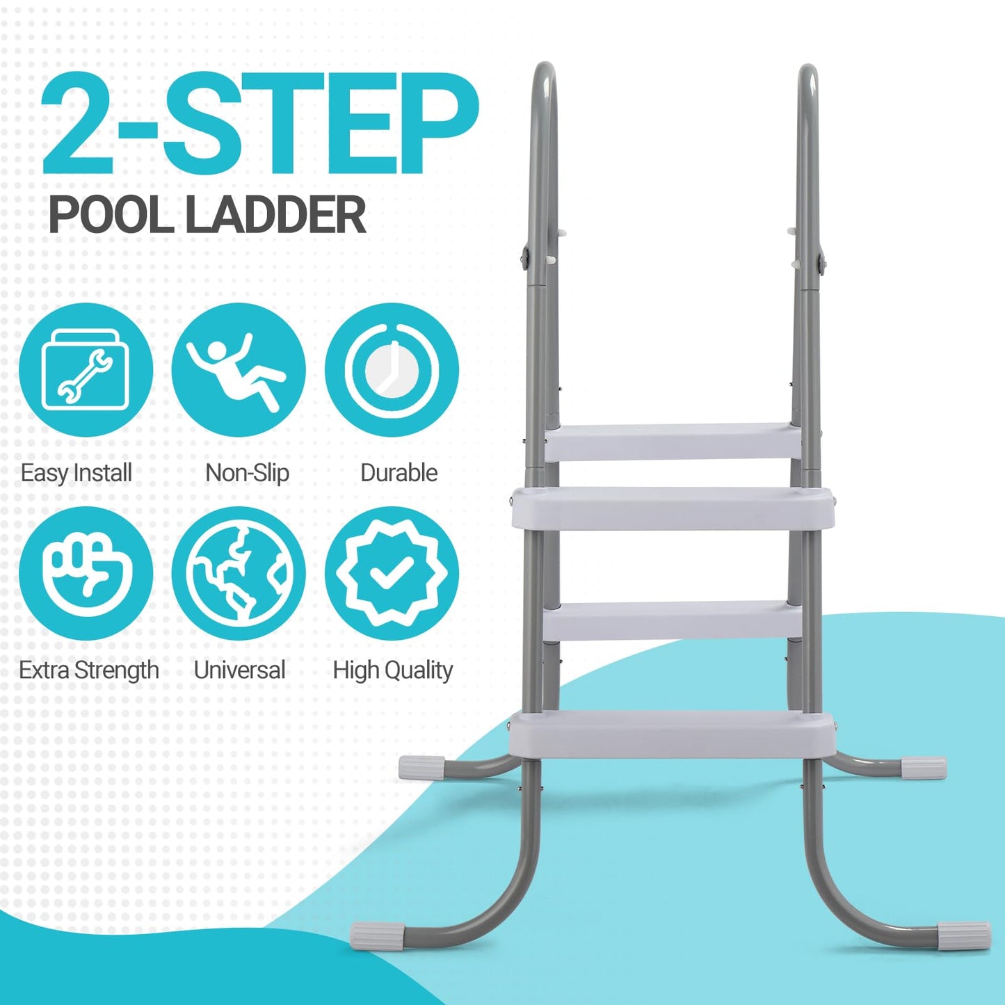 2 Steps Pool Ladder for Above-Ground Pools – 33in Max Height Iron Grey Frame + White PP Steps – Heavy-Duty 300 lbs Capacity – Rust-Resistant & Tool-Free Assembly