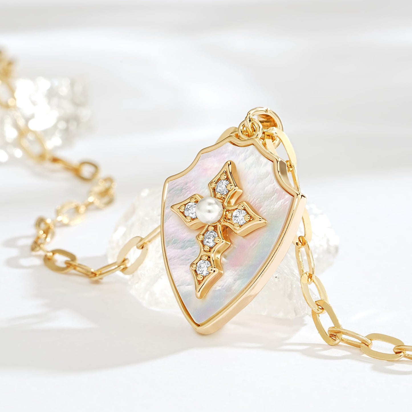 Fettero Dainty Mother of Pearl Necklaces for Women, 14K Gold Plated Necklace Shield Armor of God Pendant Cross Faith Necklace Jewelry for Protection Gift