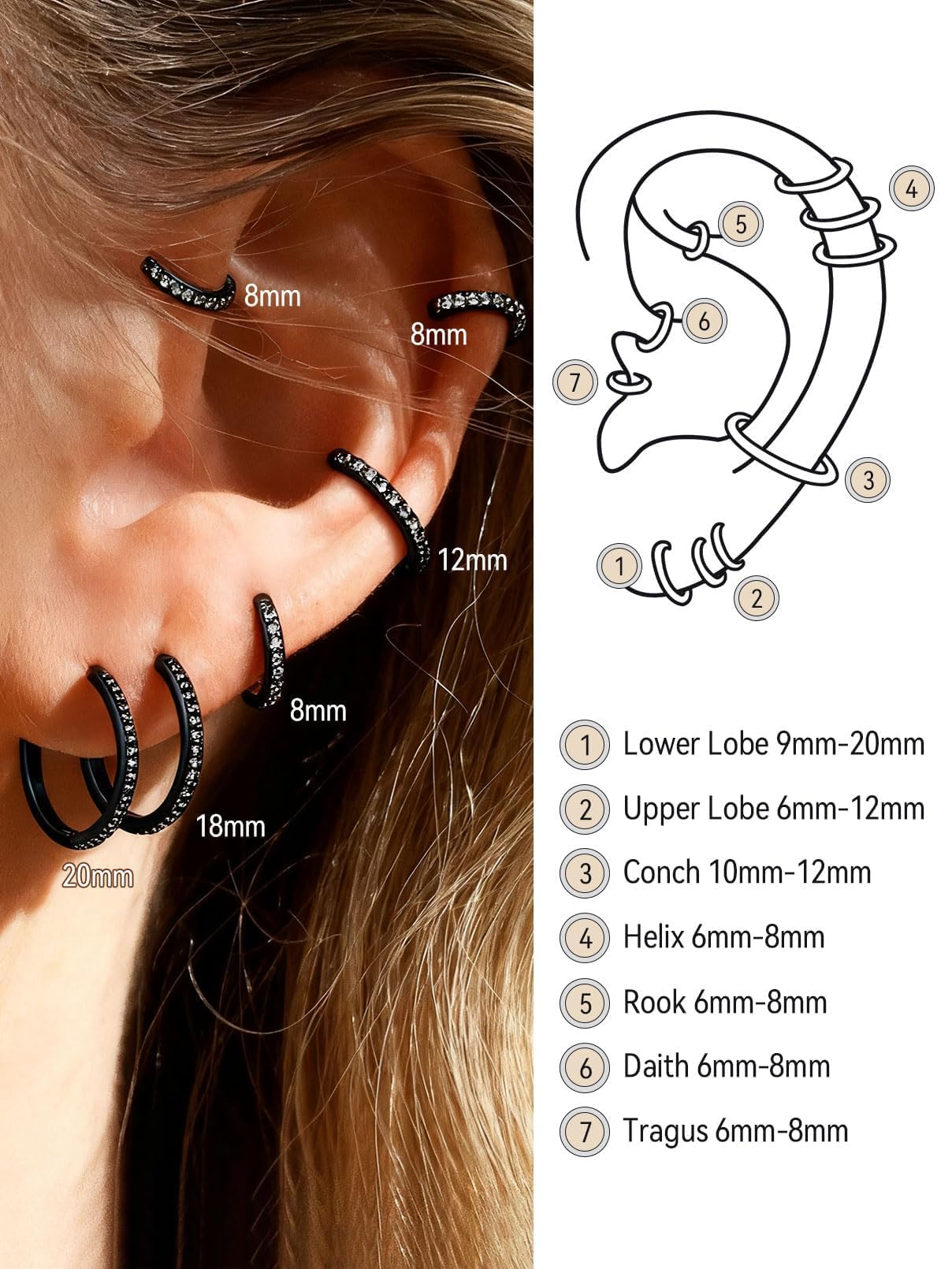 FaithHeart Cubic Zirconia Hoop Earrings for Women, Black Hypoallergenic Huggie Hoop Earrings, Small Cartilage Earrings for Women 18mm, Send Gift Box