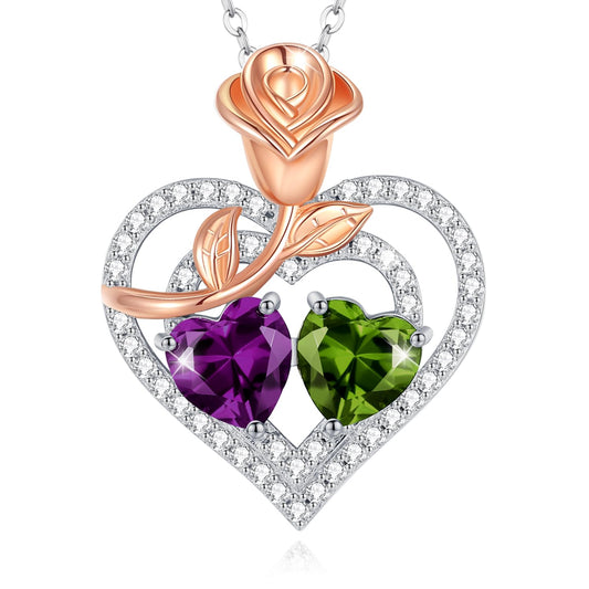 AGVANA February August Birthstone Jewelry Amethyst Peridot Necklace Sterling Silver Rose Flower Heart Double Birthstone Pendant Necklace Anniversary Birthday Gifts for Women Mom Wife Lady Her