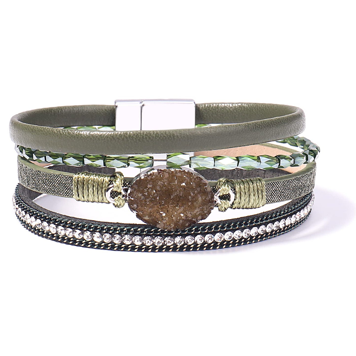 FANCY SHINY Boho Leather Wrap Bracelet Stackable Chunky Crystal Cuff Bracelets with Magnetic Clasp Cowboy Cowgirl Western Summer Beach Outfits Jewelry Gifts for Women (7.7", Green)