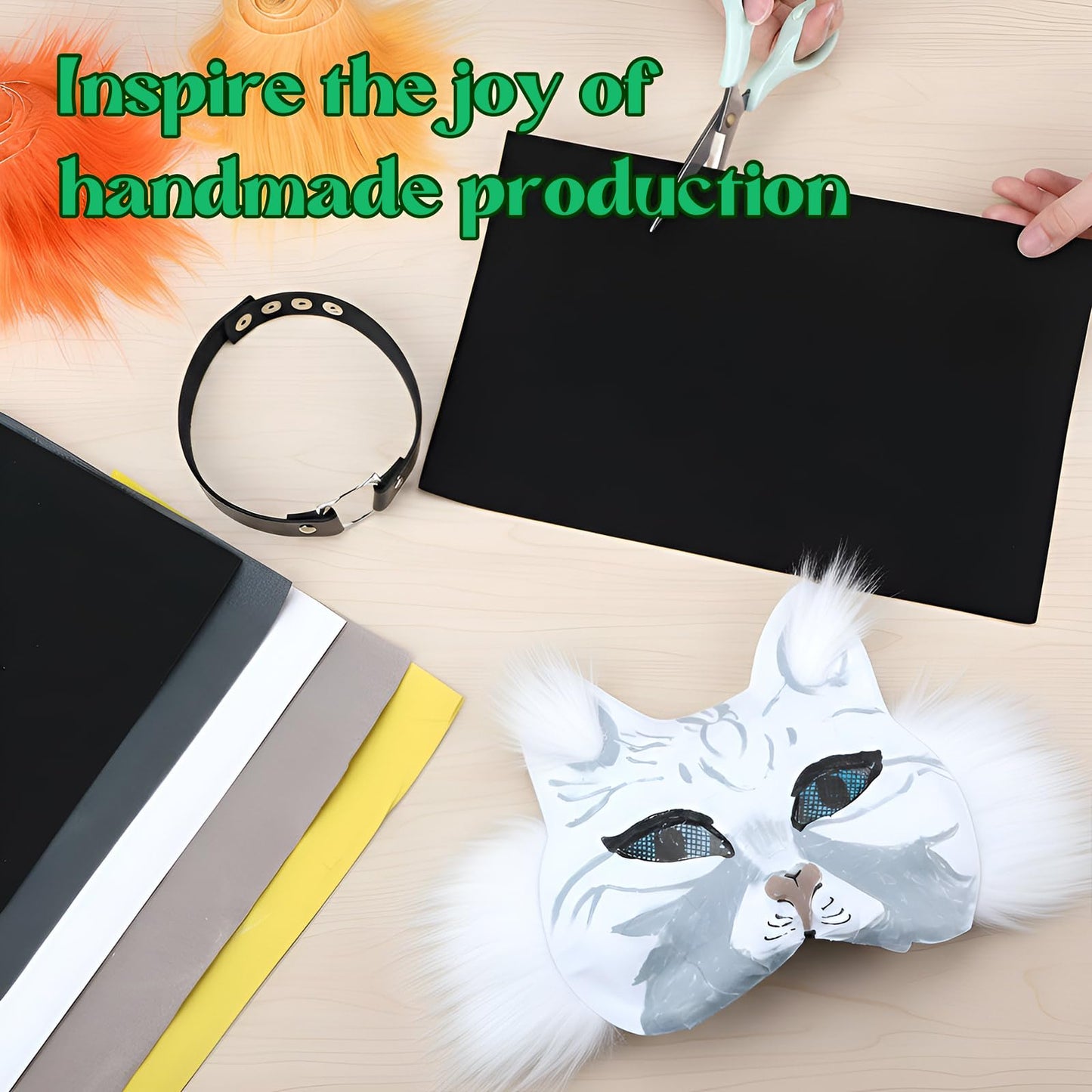 Soulchen 34 Pcs DIY Therian Fox Tail and Mask Kit Blank Cat Masks Craft Set Include Faux Felt Fur Sheet Plastic Eye Mesh Leather Necklace Dentures Star Stickers for Halloween Masquerade Cosplay Party