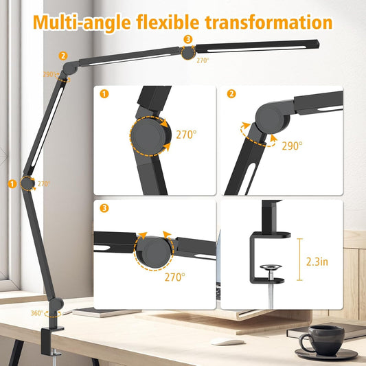 AILBTON Bright LED Desk Lamp with Clamp,Eye Caring Architect Led Desk Lights with Adjustable Swing Arm for Office Home,Dimming and Tempering Led Table Light