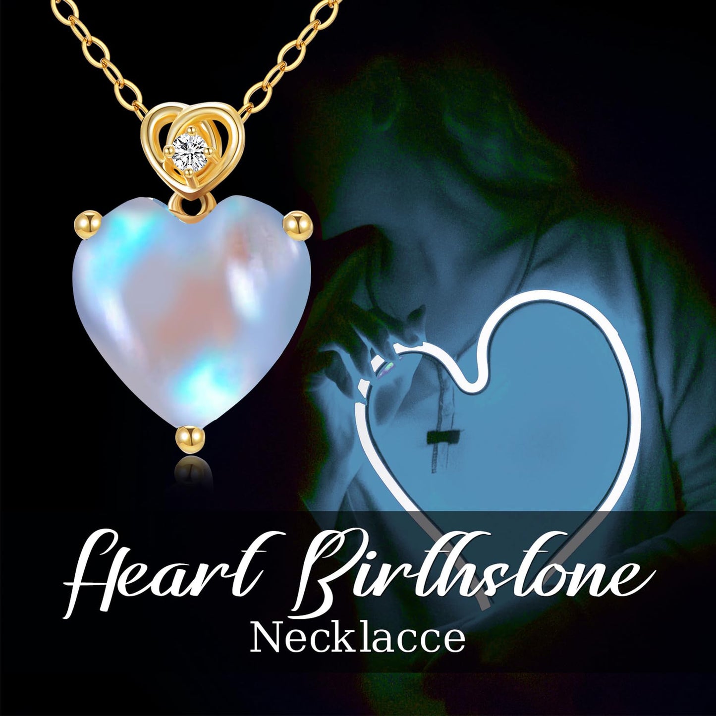 NFYBD 14k Gold Love Heart Moonstone Birthstone Pendant Necklace for Women 3 Carat Heart-cut Created Gemstone Anniversary Birthday Mother's Day Necklaces for Her 16+1+1 inch