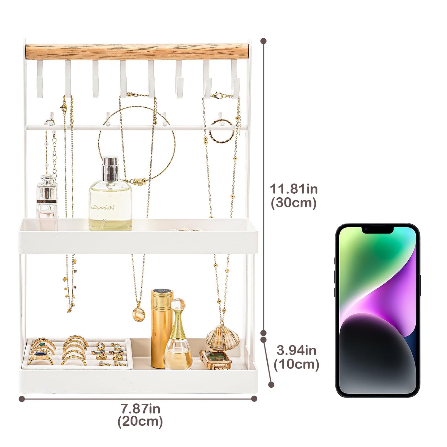 Lolalet 4-Tier Jewelry Organizer Stand with 12 Hooks, Necklace Bracelet Ring & Sunglasses Holder, Cute Metal Jewelry Storage Rack for Vanity, Dresser or Entryway, No Assembly -White