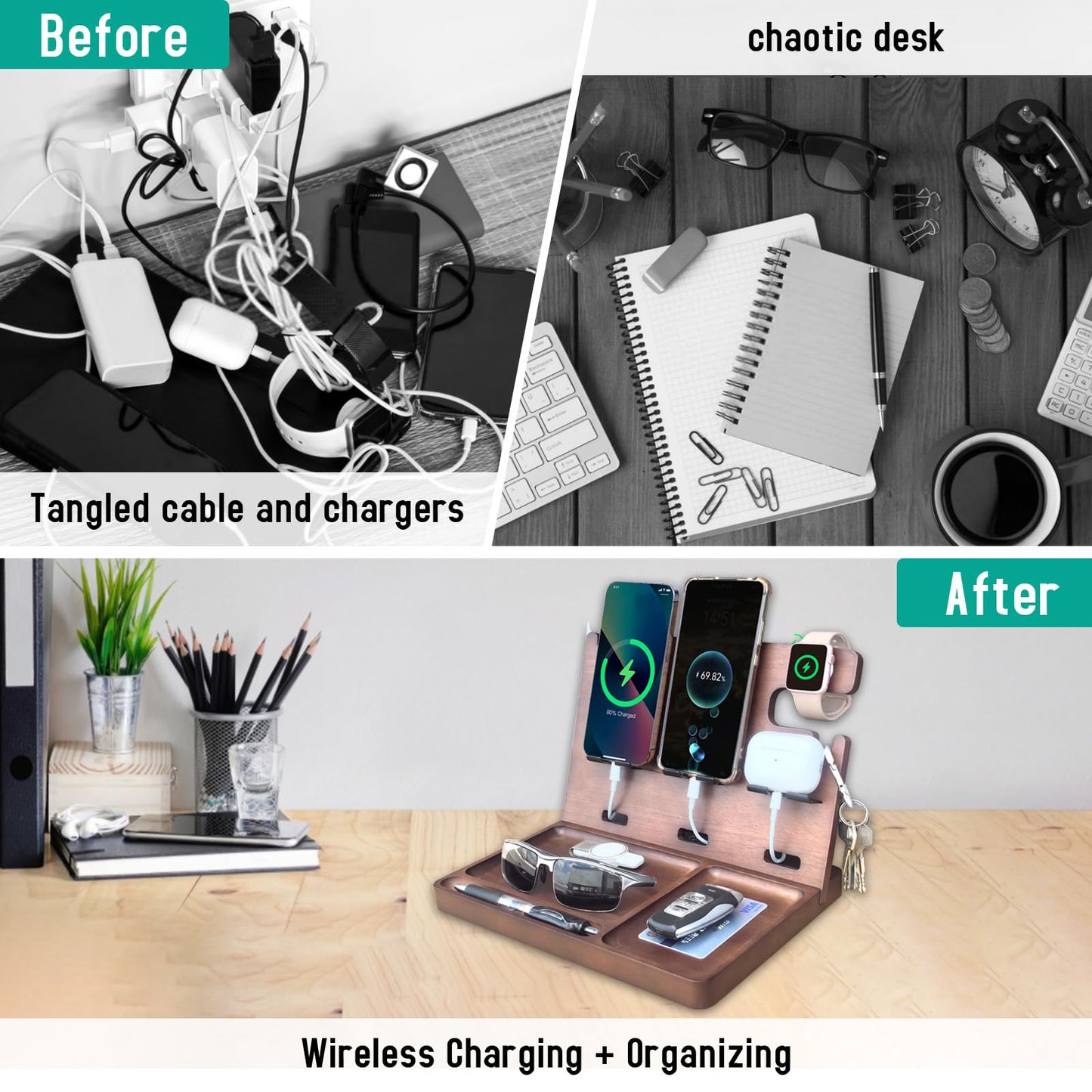Xunhomon Wood Phone Docking Station Nightstand Organizer Charging Station with QC 3.0 & PD22.5W Fast Charger for iPhone Samsung Android Watch Airpod Anniversary Birthday Gifts for Men