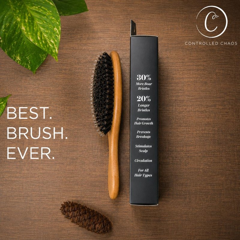 Controlled Chaos Boar + Nylon Bristle Hair Brush–Wooden Bamboo Hair Brush for Women & Men, Detangling Brush for Any Hair Type