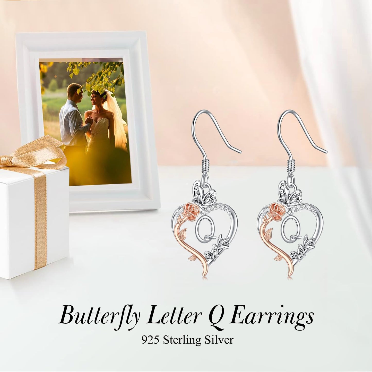TOUPOP Rose Heart Initial Earrings Sterling Silver Butterfly Earring Initial Q Letter Drop Dangle Earrings Jewelry Anniversary Birthday Mothers Day Gifts for Women Mom Wife Girlfriend Her