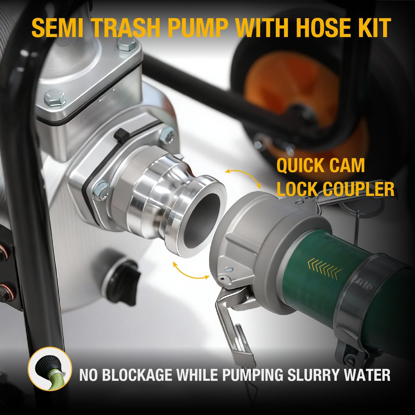 Poulan Pro Semi Trash Pump 2-Inch with Hose Kit, 50ft Discharge Hose, 12ft Suction Hose, 100ft Lift, 23ft Suction Gas Powered Water Pump with Wheels & Handle for Pond, Sewage, and Pool