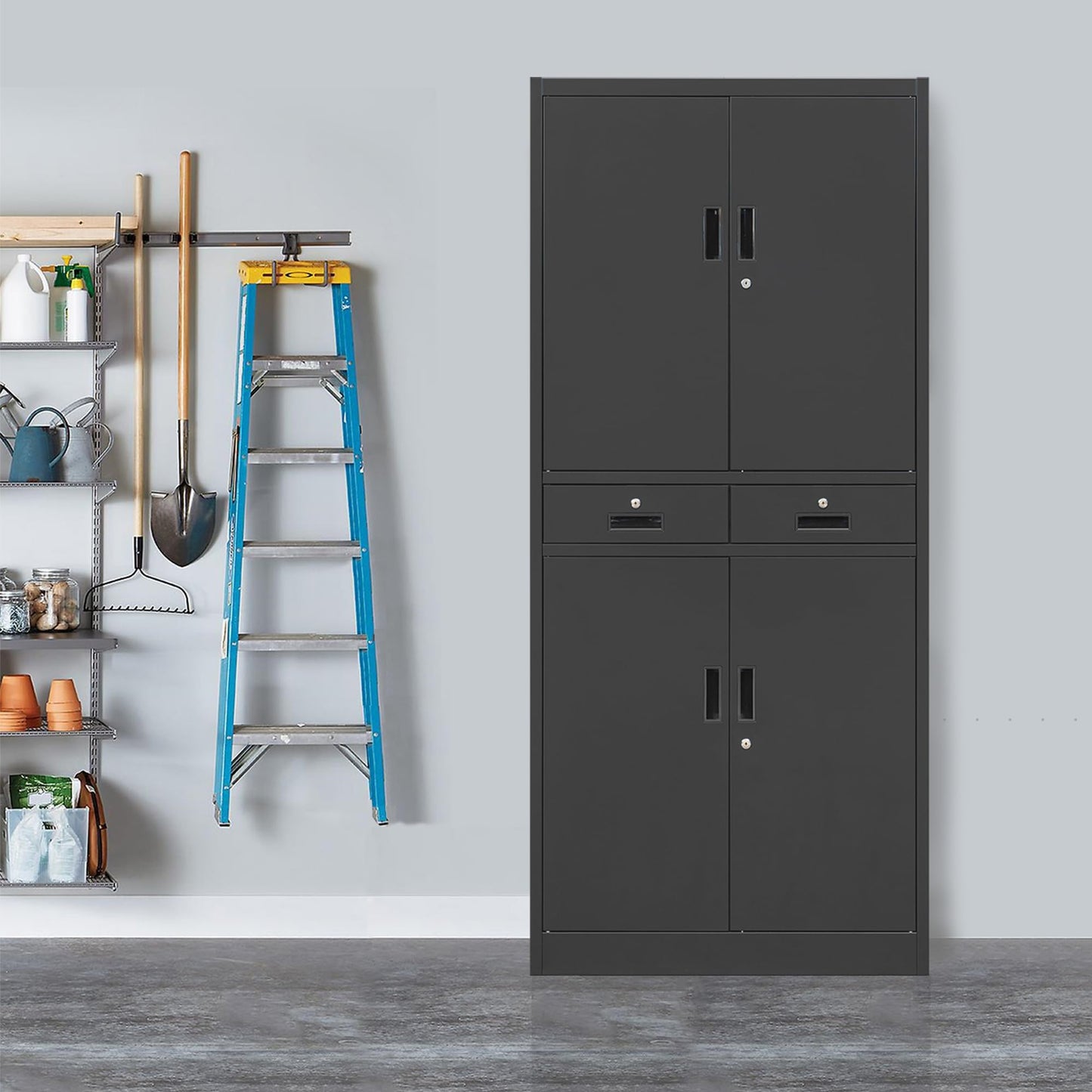 Wanfu Metal Storage Cabinet, 71" Locking Storage Cabinet with Adjustable Shelves and 2 Drawers, Steel Cabinets for Office, Garage, Home, School, Utility Room(Black)
