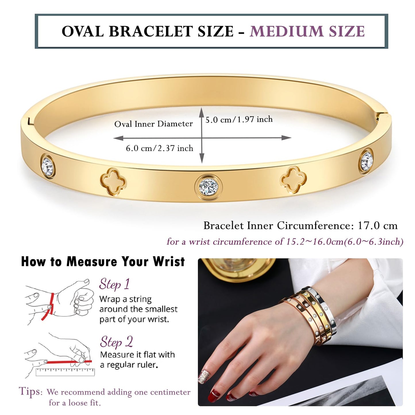 RIMRIVA 18K Gold-plated Bangle Bracelets for Women Love Gifts Clover Bracelet Stainless Steel Crystal Jewelry Birthday Her Anniversary Wedding Christmas Gifts Mom Wife Girlfriend Friends