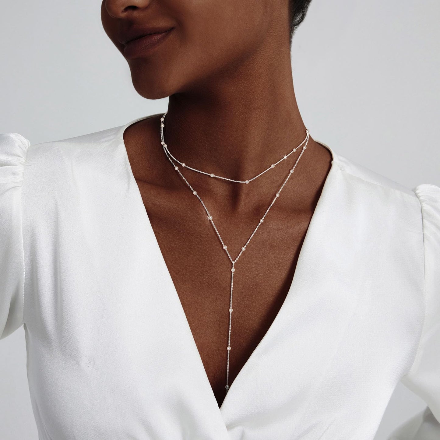 HERIER Silver Jewelry Set for Women Dainty Silver Plated Layered Pearl Necklaces for Women Pearl Drop Earrings Bracelets Trendy Wedding Bride Jewelry Gift