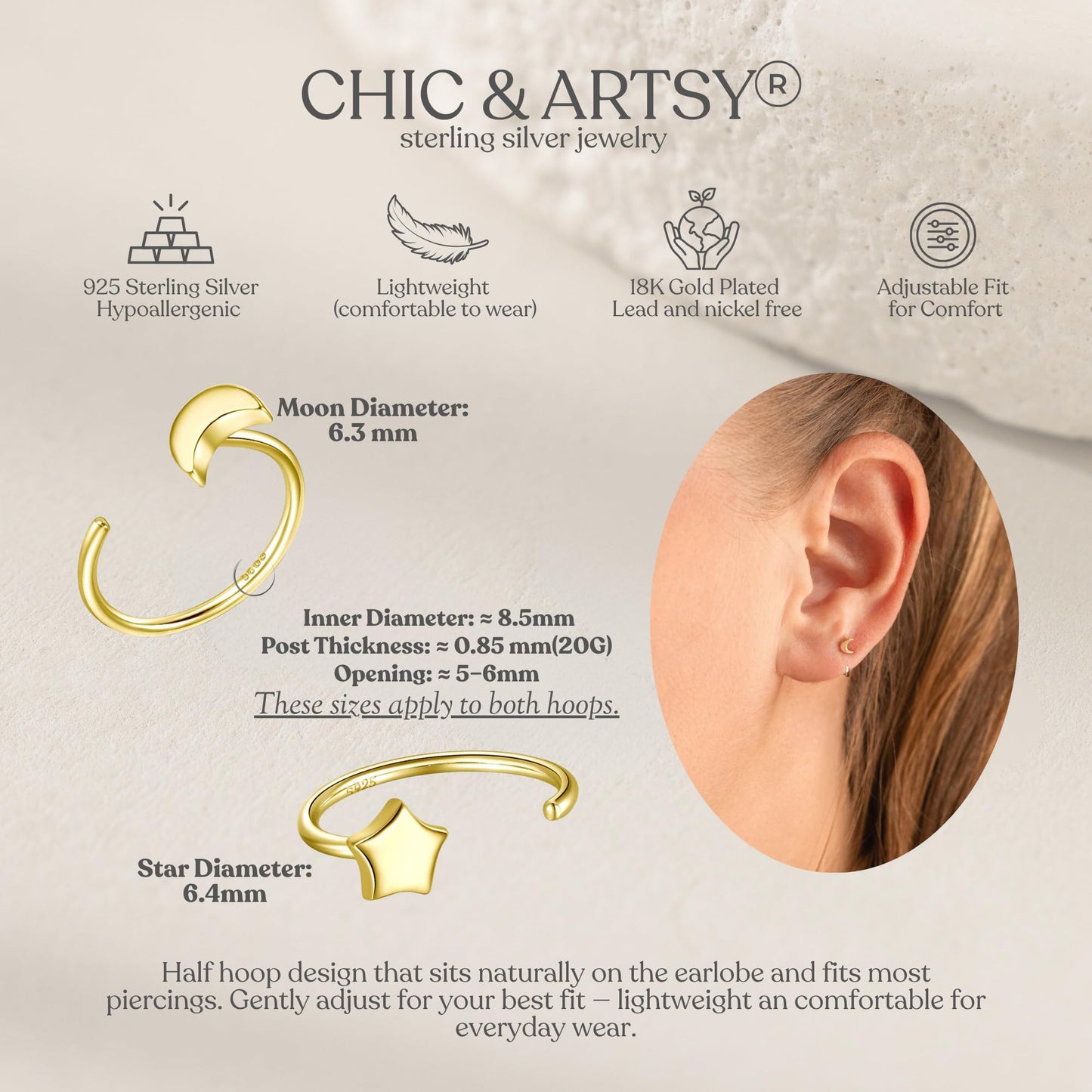 Moon Star Earrings 18K Gold Plated 925 Sterling Silver Half Hoop Earrings for Women Huggie hoops Open Hug Earrings Set 2 Pairs