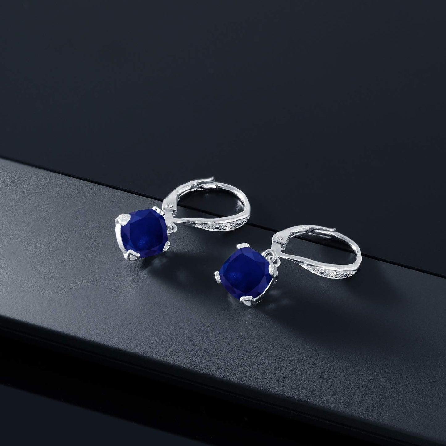 Gem Stone King Drop Dangle Earrings For Women | 7MM Cushion Cut Gemstone Birthstone and Diamond | 925 Sterling Silver | Jewelry Gift for Mom Wife Her | Blue Sapphire-September | Sterling Silver