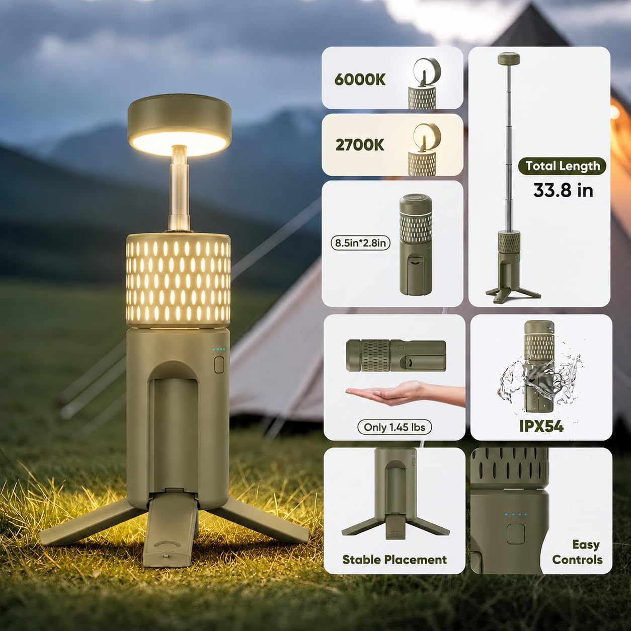 Camping Light Telescopic, Collapsible Tripod Camping Lantern, 12000mAh Rechargeable Camping Lamp with Stand, Dimmable & Portable IPX54 Waterproof Flashlight for Emergency (Military Green)