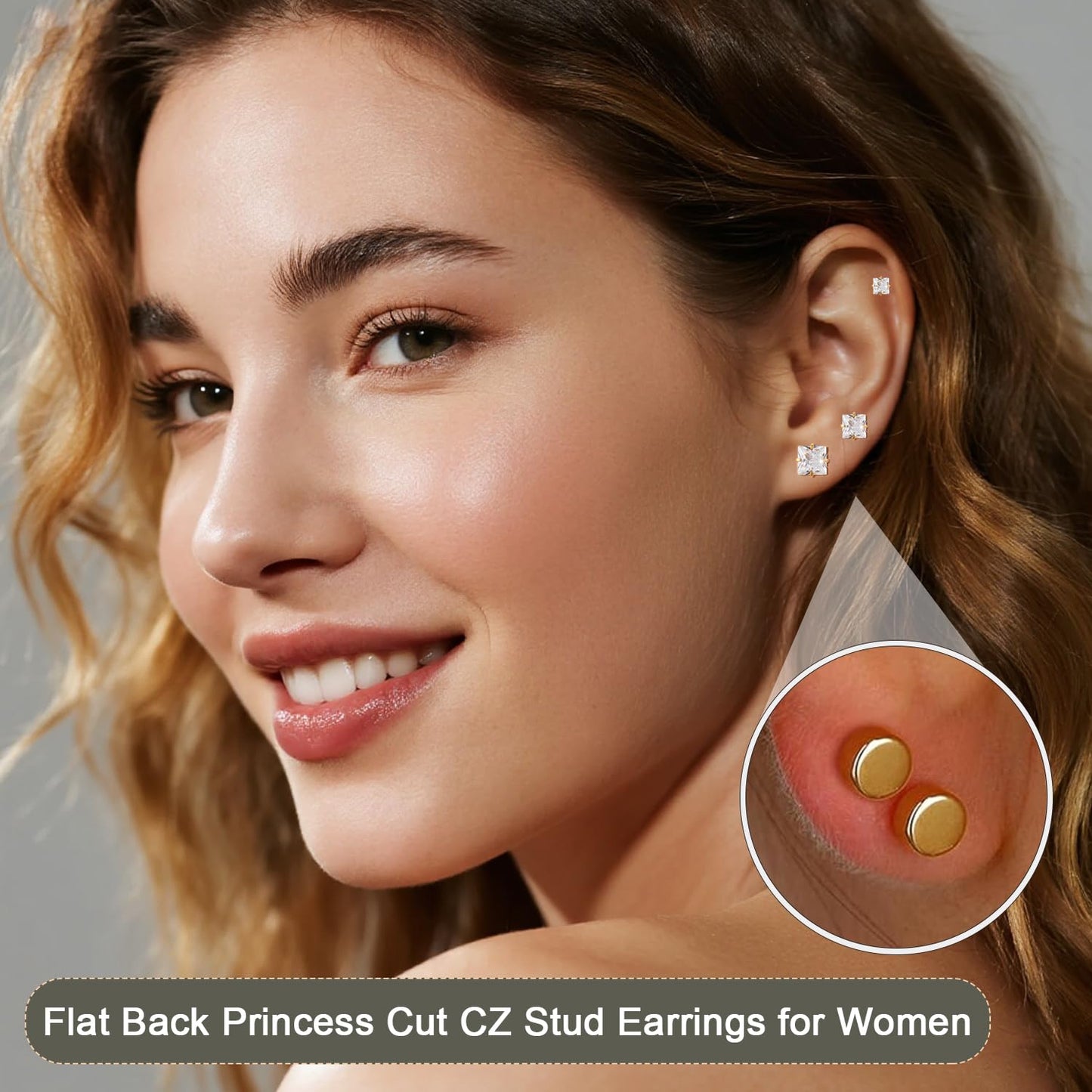 Princess Cut Square CZ Stud Earrings Flat Back, Screw Back Small Gold Clear Cubic Zirconia Studs Earrings Set for Women Men, Pack of 5 Pairs (3-4-5-6-7mm)