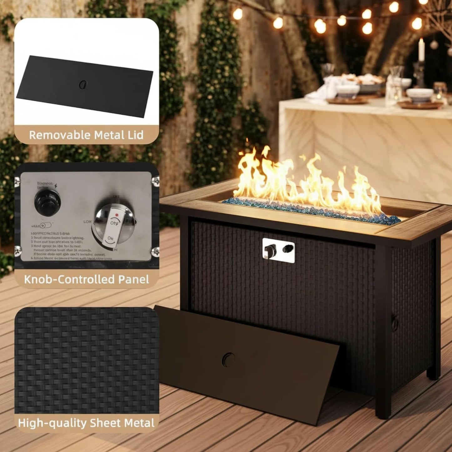 45 Inch Propane Fire Pit Table, 50,000 BTU Outdoor Gas Fire Pit for Patio & Backyard, 2-in-1 Firepit Dining Table with Glass Wind Guard, Blue Glass Rocks & Waterproof Cover, Grey