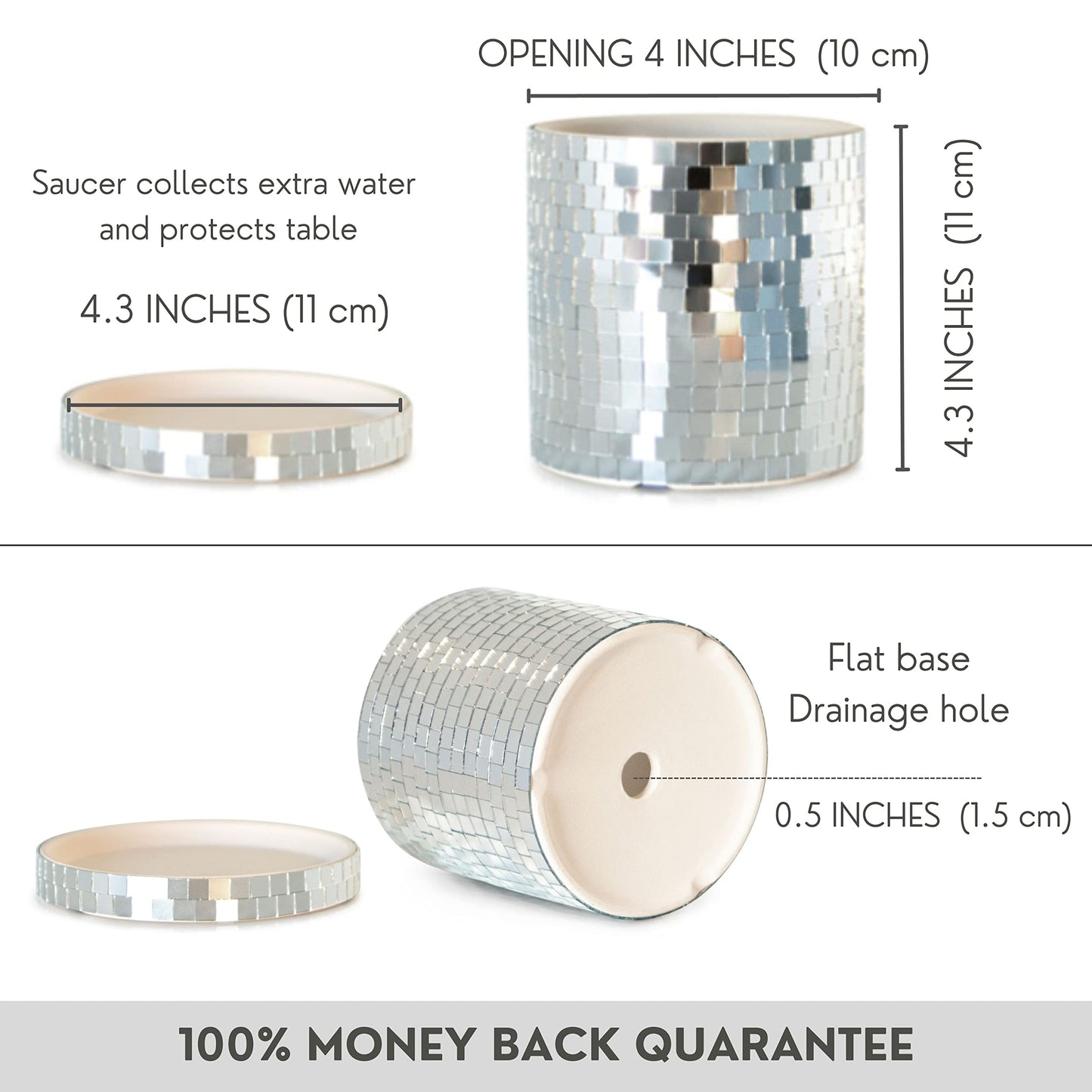 SCANDINORDICA Disco Ball Planter 6" Rose Gold with Chain and Macrame Hanger and Disco Ball Planter Pot 4.3" with Saucer (0.3x0.3 mirror tiles)