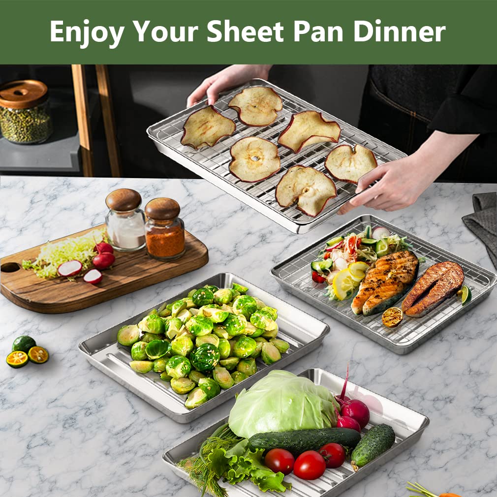 ROTTAY Small Baking Sheet Pan with Wire Rack Set [2 Pans + 2 Racks], 1/8 Stainless Steel Cookie Sheets for Oven, Warp Resistant & Heavy Duty & Rust Free, Size 9 x 7 x 1 Inches