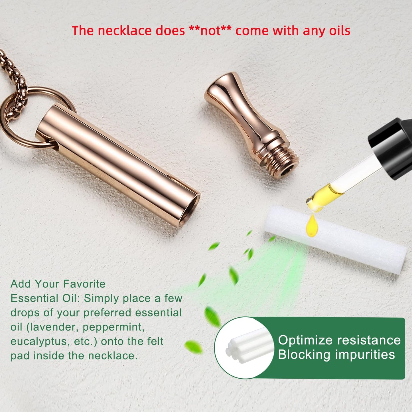 hooppoo Breathing Necklace for Calm & Focus - Personal Essential Oil Diffuser for Anxiety Relief, Quit Smoking, Yoga and Meditation - Reusable Stainless Steel Pendant for Women Men (Rose Gold)
