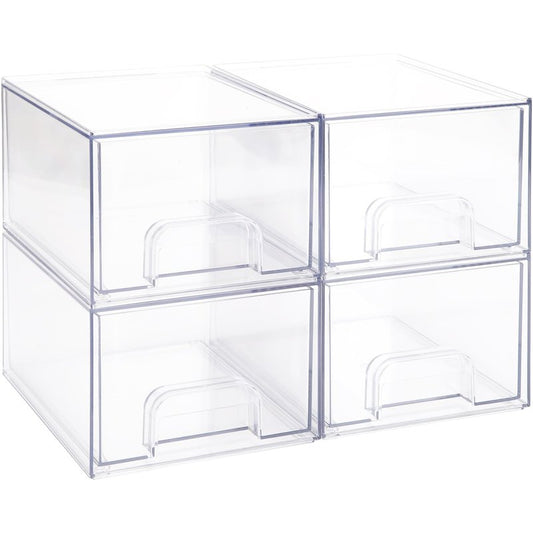 Sea Team 4-Pack Clear Makeup Organizer with Drawers, Acrylic Plastic Cosmetic Display Case, Jewelry Storage Box, Holder for Dresser, Bathroom, Vanity, Kitchen Cabinets, Pantry, Countertop
