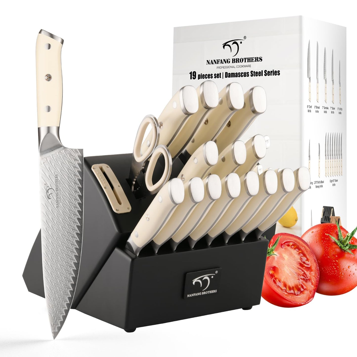 NANFANG BROTHERS Knife Sets Pieces for Kitchen with Block, Damascus Kitchen Knife Set with Block, ABS Ergonomic Handle for Chef Knife Set and Kitchen Shear(Black)