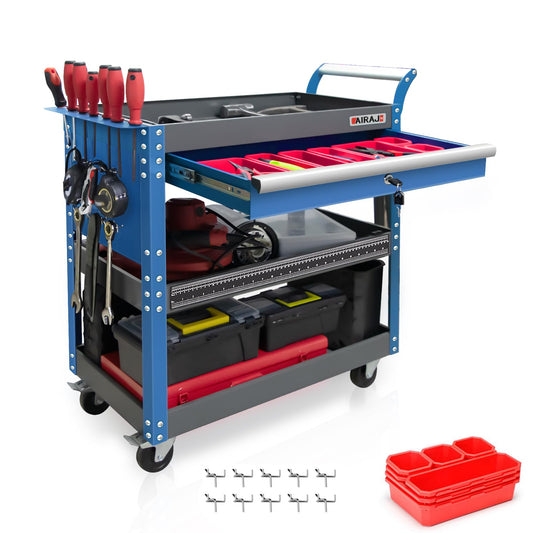 AIRAJ PRO Heavy Duty Tool Cart on Wheels,440LBS Mechanic Tool Cart with Drawers,Utility Industrial Service Carts with Hooks,Drawers and Locking System,for Mechanic, Warehouse, Garage, Workshop