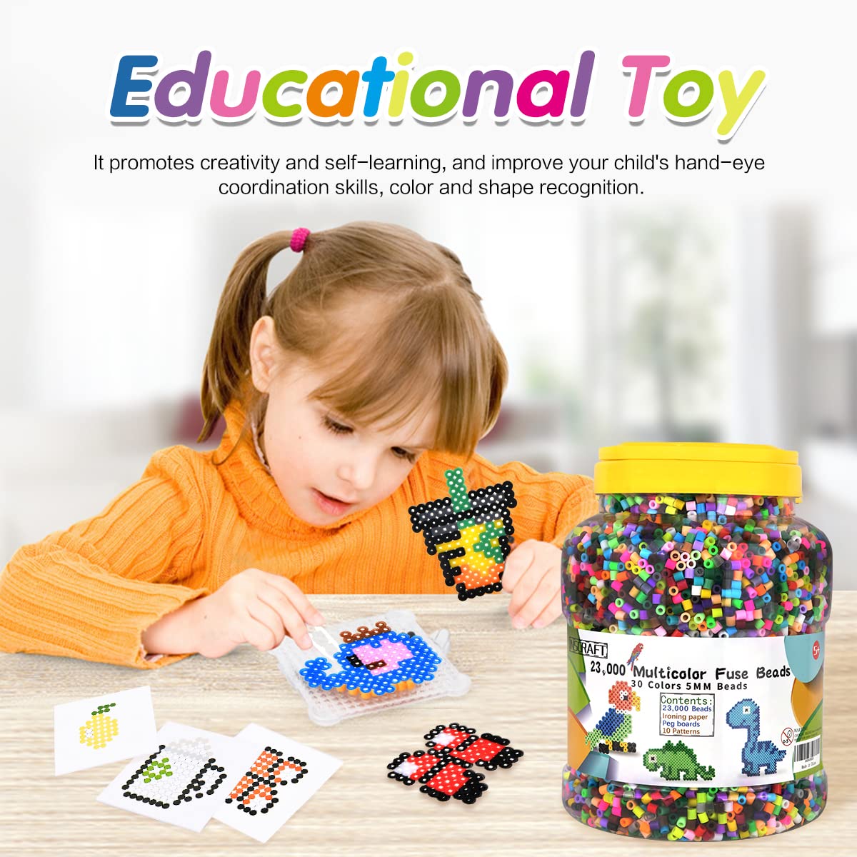 23,000 pcs Fuse Beads Kit for Kids Crafts, 30 Colors Iron Beads Set with 3 Pegboards, 5 Ironing Paper, 10 Patterns, Gifts for Birthday Christmas, Multicolor 5mm Melty Beads Bulk Refill Kit by Inscraft