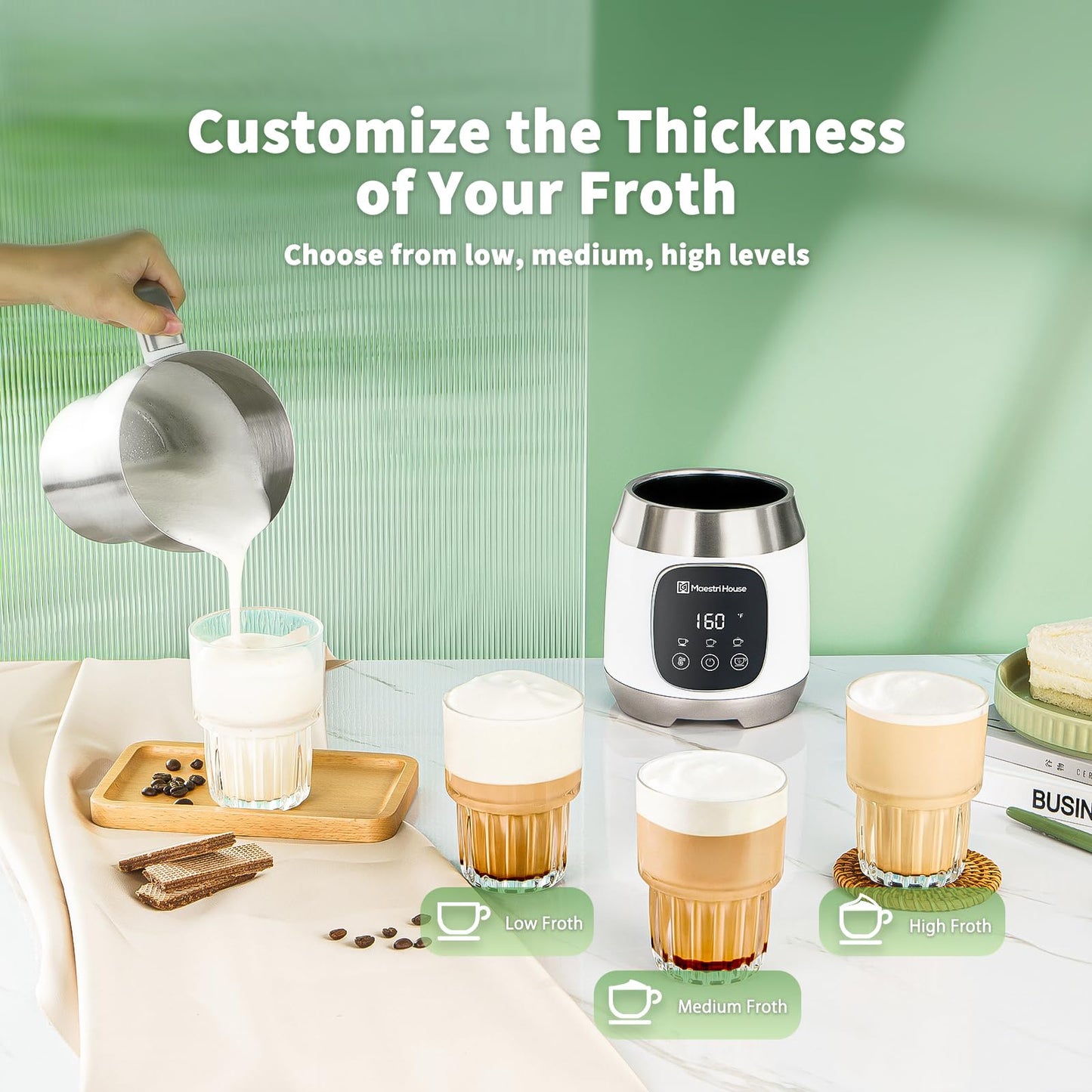 Maestri House Milk Frother, Variable Temp and Froth Thickness DualFro 600 Milk Frother Steamer, 21OZ Smart Touch Control Milk Warmer, Dishwasher Safe, Memory Function for Latte&Hot Chocolate (White)