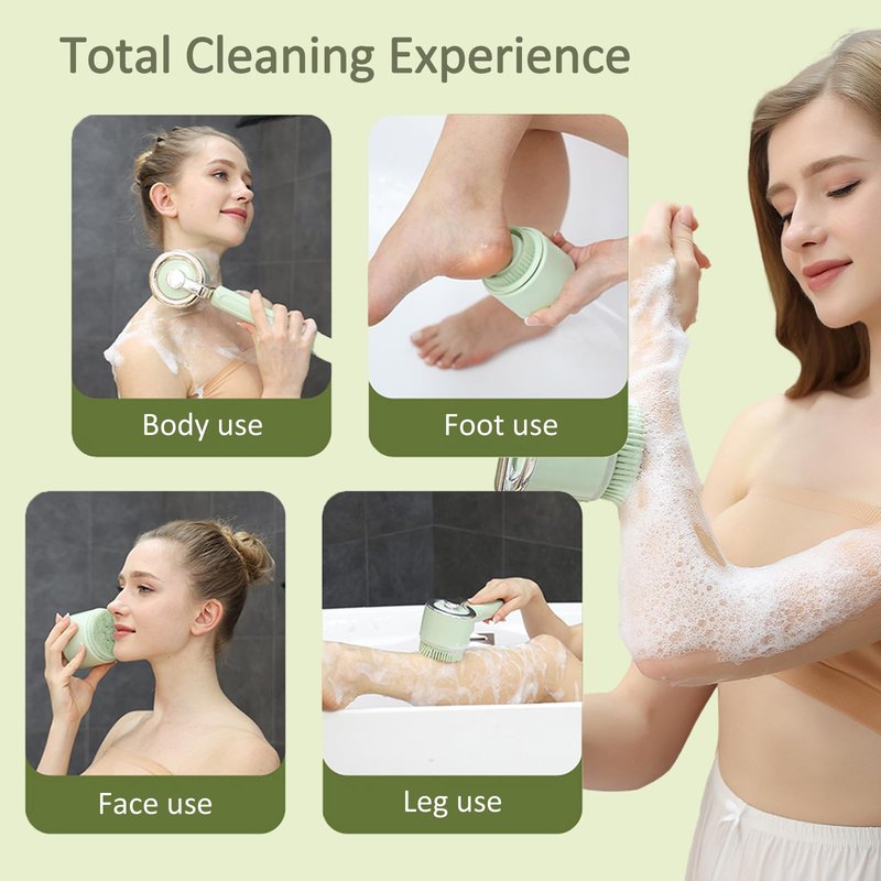 5-in-1 Electric Cleansing Brush, Rechargeable Body Brush with Long Handle, IPX7 Waterproof Back Scrubber with 3 Intensities Adjustable for Cleansing, Exfoliation, Foot Scrubbing and Massage (Green)