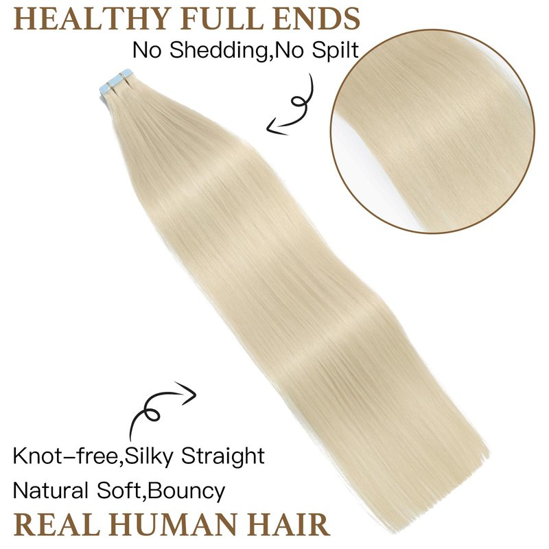 Sunfly Hair Extensions Tape ins 22 Inch 50g Platinum Blonde Human Hair Extensions Invisible Rooted Tape in Real Hair 20pcs #60
